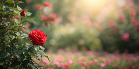 Red rose bush in garden with vibrant flowers, serving as a background for storytelling, floral imagery, nature photography