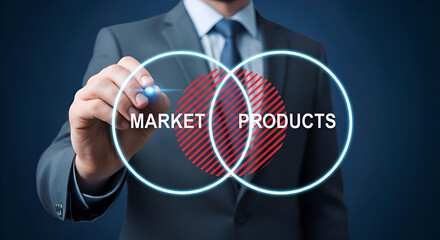 Businessman draws a glowing venn diagram illustrating the intersection between market needs and product development strategy for business success