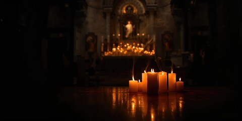 Candles at a Roman Catholic church on a busy commercial street, focusing on religious ritual lighting, World Day of Prayer