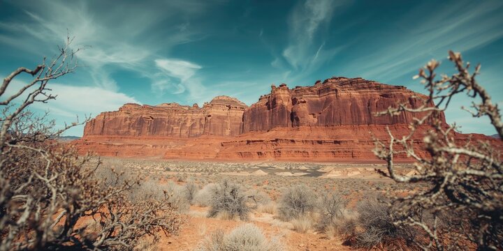 Vivid red rock scenery during winter with clear blue skies in a desert canyon, emphasizing geological features,