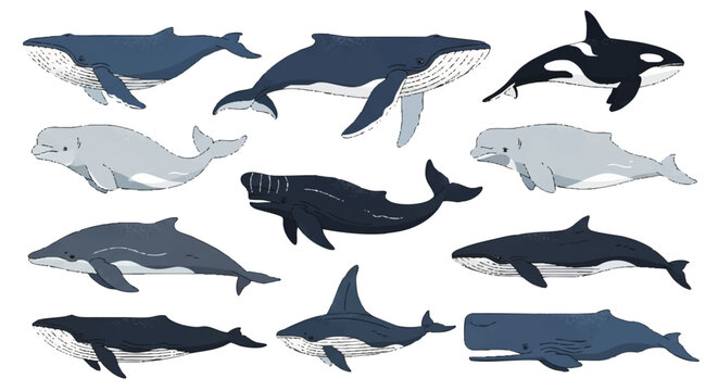 A detailed vector illustration pack showcases nine different whale species, including the blue whale, humpback whale, orca, and beluga, rendered in clean, 2D flat style on a white background.