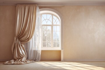 Elegant arched window with draped gold curtains and soft natural light.