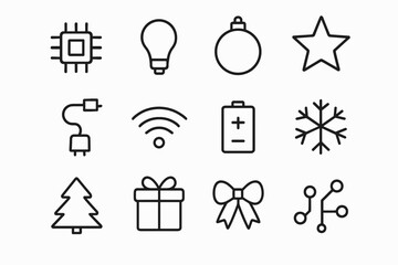 Smart Ornament Icons. Smart ornament features. Line outline icon set of Smart ornament features: sensor chip,