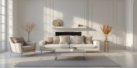 Obraz premium Living room with a cozy fireplace, light-colored sofa, and armchair arranged for casual relaxation