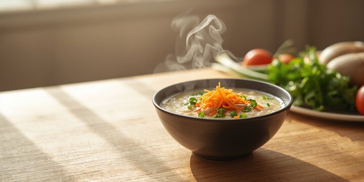Chicken and carrot porridge for Chinese congee, a nutritious, protein-rich meal as a breakfast option