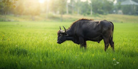Buffalo feeding on grass in a natural setting, wildlife grazing behavior, Earth Day