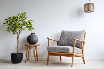 A minimalist living room features a wooden armchair, plant, and decorative vase.