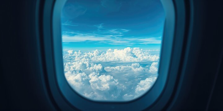 Aerial perspective through an airplane window showing a blue sky and white clouds, ideal for background use in creative projects