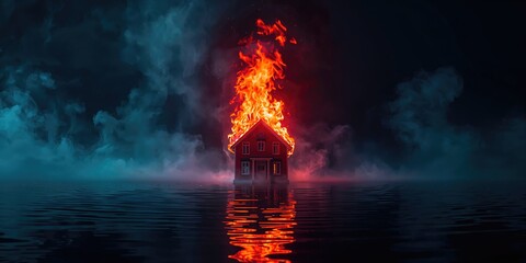 Toy house engulfed in flames against dark background, highlighting fire hazards in abstract art