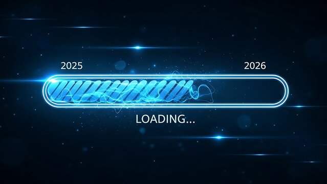 Digital futuristic loading progress bar from 2025 to 2026 with neon blue light effect, technology interface, futuristic user experience, close-up view