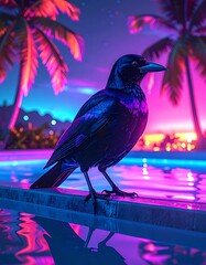 Glossy raven on pool edge, neon palm trees and vibrant colors