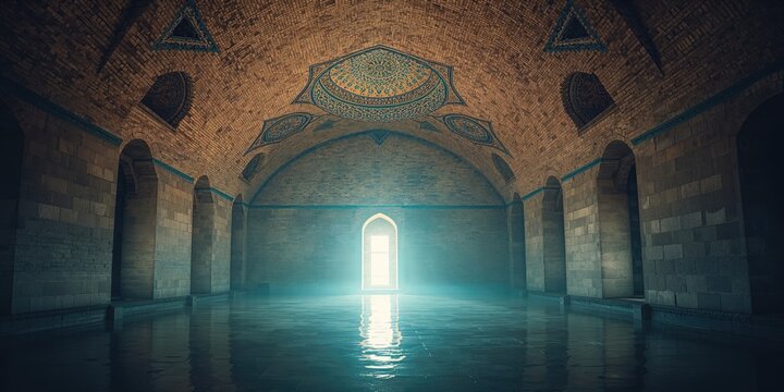 Ancient hammam with ornate brick vault decor and cool lighting, emphasizing architectural preservation, Earth Day