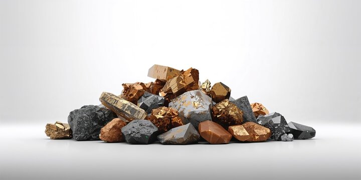 Bauxite, pyrolusite, galena, pyrite, chromite, lepidolite, chalcopyrite mineral samples, raw material handling
