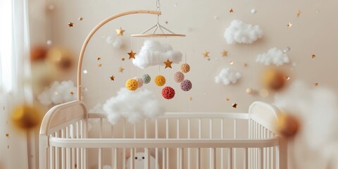 Baby crib mobile featuring plush balls suspended overhead to aid in calming infants during sleep.