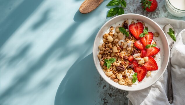 Nutritious summer snack featuring yogurt topped with granola, nuts, and strawberries, garnished with mint, Food & Drink