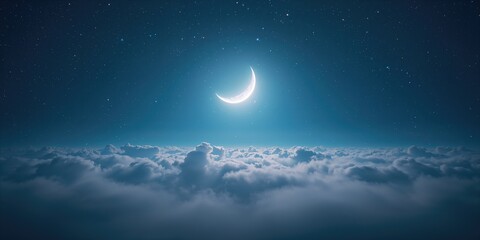 Glistening crescent moon with puffy clouds in a starry night scene, ideal for astronomy or evening themes