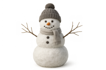 Snowman wearing gray knitted hat and scarf, standing with twig arms, bringing winter holiday and christmas cheer