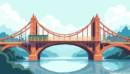 Obraz premium Vintage red suspension old bridge scaffolded for repair in valley