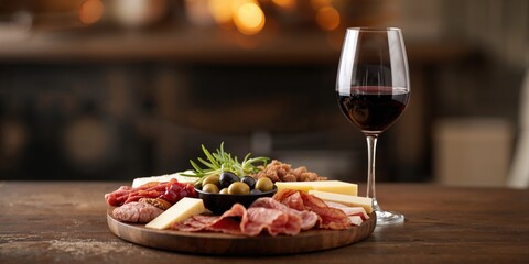 Assorted cured meats and cheeses with a glass of red wine, suitable for entertaining
