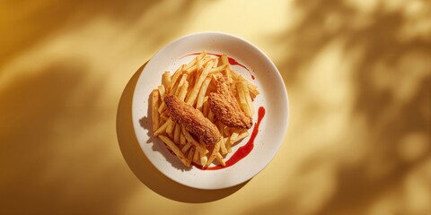 Plate of chicken sticks alongside golden French fries, highlighting fast food presentation at a dining establishment