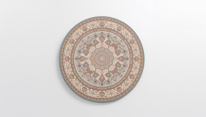 Decorative circular machine carpet with vibrant patterns on a plain white surface, used in industrial environments