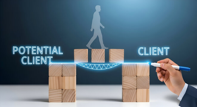 Business concept illustrates bridging the gap from potential client to actual client using wooden blocks and digital connection for sales strategy success