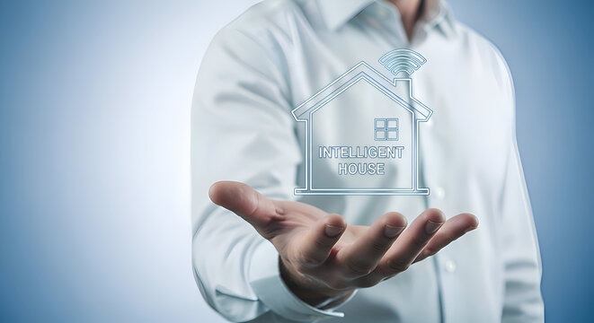Businessman presents holographic intelligent house concept with wifi connectivity floating above his open palm against a soft blue background for smart home technology promotion - Powered by Adobe