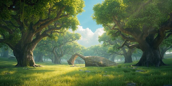 Sun-dappled woodland with deciduous trees, moss-covered trunks, climbing lianas, rocks, grass, and scattered sunlight, seasonal greenery