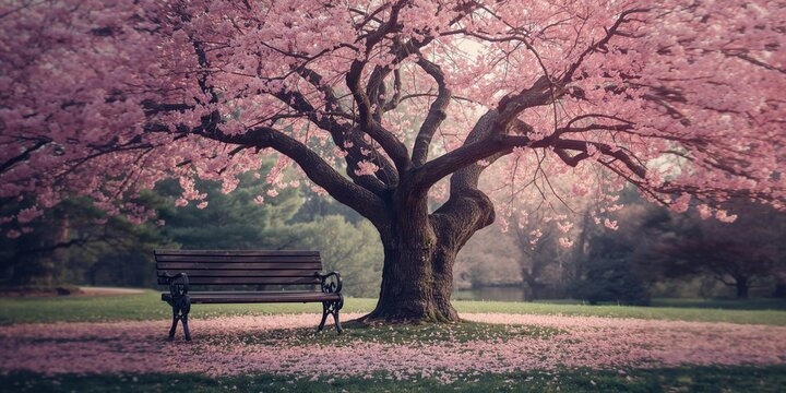 Empty park bench beneath a blooming Kwanzan cherry tree with fallen petals, seasonal change