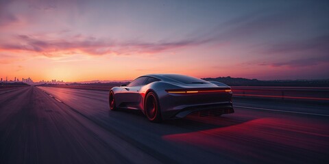 High-performance racing vehicle approaching the horizon at sunset, featuring a rugged grunge aesthetic, focusing on velocity and design