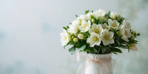 Fototapeta premium Close-up of fresh spring hellebore flowers in a white vase, floral arrangement for seasonal decor