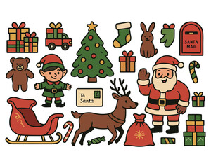 Cartoon set of cute Santa Claus, reindeer, snowman, and Christmas tree vector icons for winter holiday celebration and new year decoration
