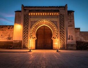 Elaborate stone archway with intricate patterns under dusky sky, warmly lit