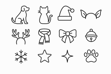 Seasonal Pet Costumes Icons. Seasonal pet costumes. Line outline icon set of Seasonal pet costumes: dog