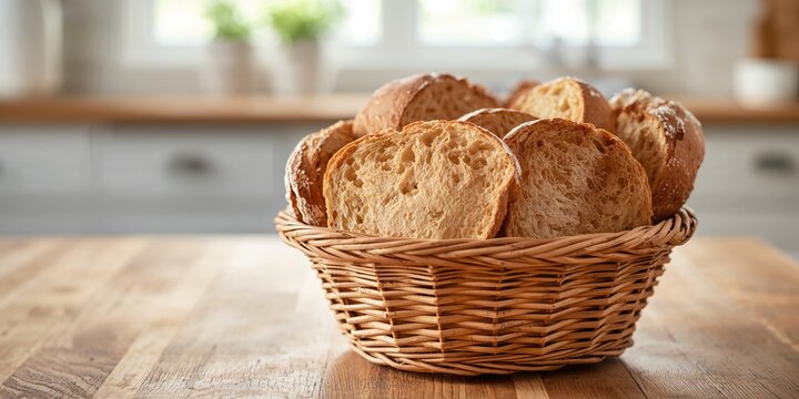 Sliced artisan sourdough bread in a basket used as a rustic breakfast presentation, natural fermentation processes