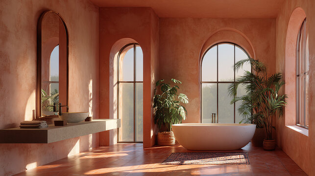 A luxurious bathroom with an oval bathtub, large windows, and plants. The interior has a warm, inviting aesthetic