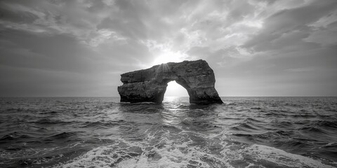 Black and White rough storm waves crashing near Limestone arch at sunset, highlighting erosion risk, Earth Day
