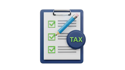 Close up Of A Checklist With Three Green Checkmarks And A Blue Pencil On A Clipboard With A Blue Circle Containing The Word TAX In Green Letters On A Transparent Background