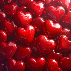 Glossy red hearts clustered, reflecting light in a pile, creating a texture of love, romance, and valentine sentiment