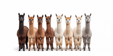 Obraz premium Multiple colored alpacas standing in a row on a white background, natural fiber textures, World Alpaca Day