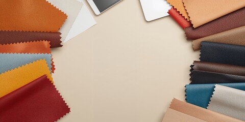 Multicolored leather samples arranged flat as a materials swatch for fashion design, emphasis on texture diversity