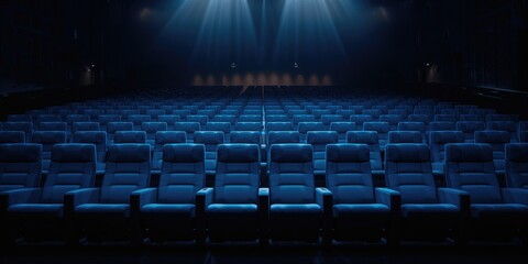 Unoccupied blue theater seats in a movie hall, used for seating arrangement and venue setup