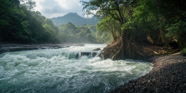 Fototapeta Ecuador Papallacta Rio Quijos, a vigorous river flowing from the Andes into the Amazon basin, natural water flow and landscape preservation