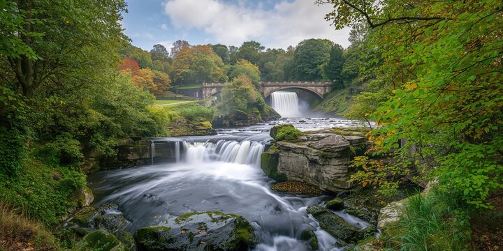 Panoramic view of three waterfall cascades at Stainforth Force in Yorkshire during summer, natural erosion risk