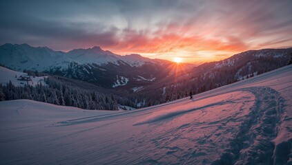 Fototapeta premium Ski slopes illuminated at dusk, highlighting winter sports during holiday celebrations