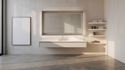 Fototapeta premium Bathroom featuring expansive mirror, towel shelves, and white poster for interior planning, Earth Day