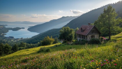 Scenic outdoor setting with water, lush greenery, and mountain house, ideal for nature or landscape projects