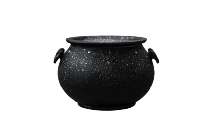A shimmering, black, cauldron with handles, against a dark backdrop