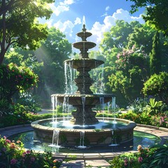Elaborate stone fountain cascades water amidst lush, sunlit greenery in a serene, picturesque garden setting