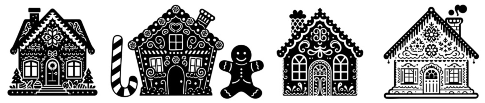 Christmas Gingerbread Cookie Houses Set &mdash; Black and White Holiday Ginger, Oatmeal, Crumbly and Chocolate Biscuit Home Illustrations with Candy Cane and Gingerbread Man